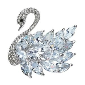 Sparkly Swan Brooch Pin Faux Diamonds White Rhinestones  1.57"  Silver Metal